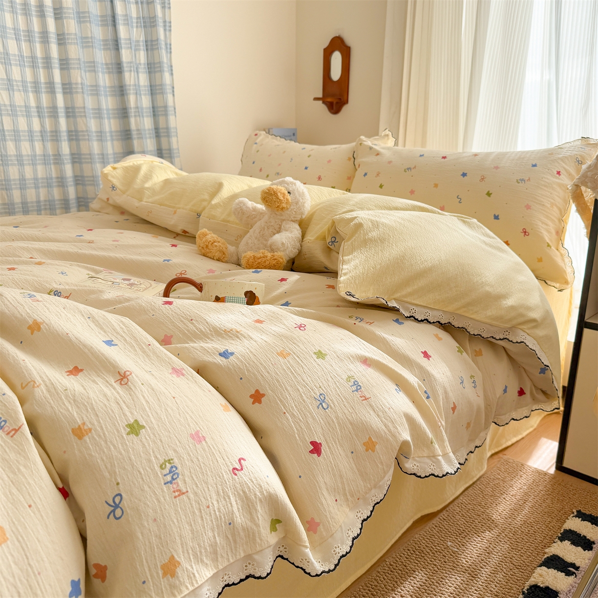 91家纺网 家纺一手货源 找家纺 温眠家纺 2026新款针织提花双层纱全棉蕾丝花边四件套 奶油芝士