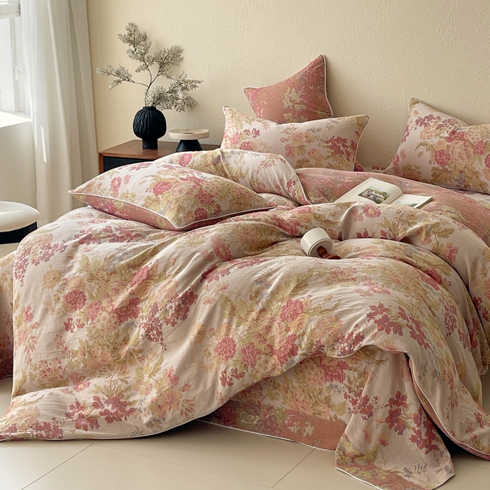 91家纺网 家纺一手货源 找家纺 春皖家纺 2026新款提花双层纱纯棉全棉四件套 霞沫