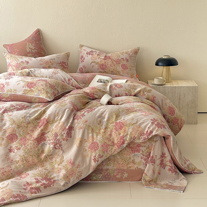 91家纺网 家纺一手货源 找家纺 春皖家纺 2026新款提花双层纱纯棉全棉四件套 霞沫