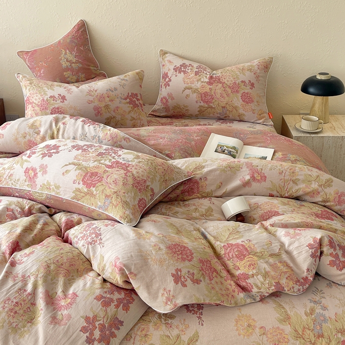 91家纺网 家纺一手货源 找家纺 春皖家纺 2026新款提花双层纱纯棉全棉四件套 霞沫