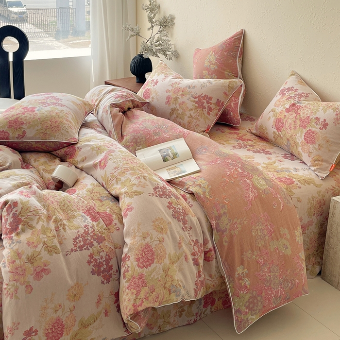 91家纺网 家纺一手货源 找家纺 春皖家纺 2026新款提花双层纱纯棉全棉四件套 霞沫