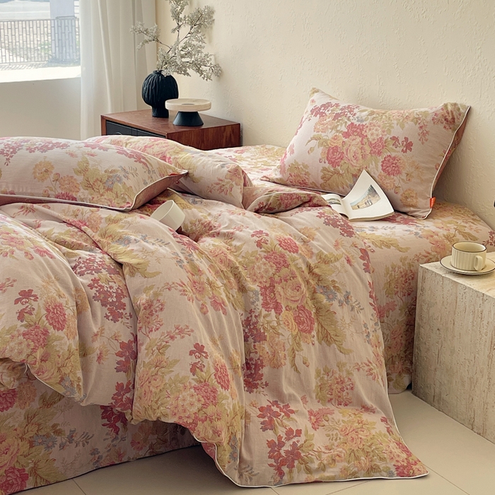 91家纺网 家纺一手货源 找家纺 春皖家纺 2026新款提花双层纱纯棉全棉四件套 霞沫