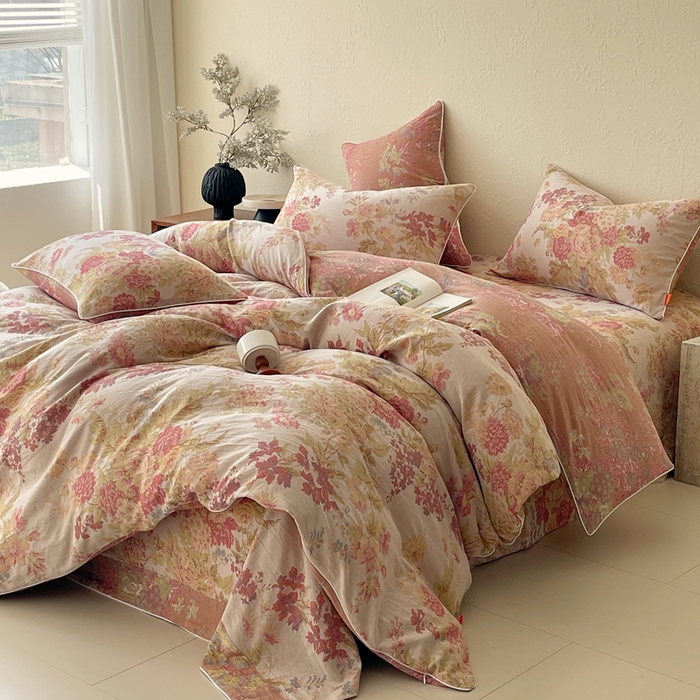 91家纺网 家纺一手货源 找家纺 春皖家纺 2026新款提花双层纱纯棉全棉四件套 霞沫