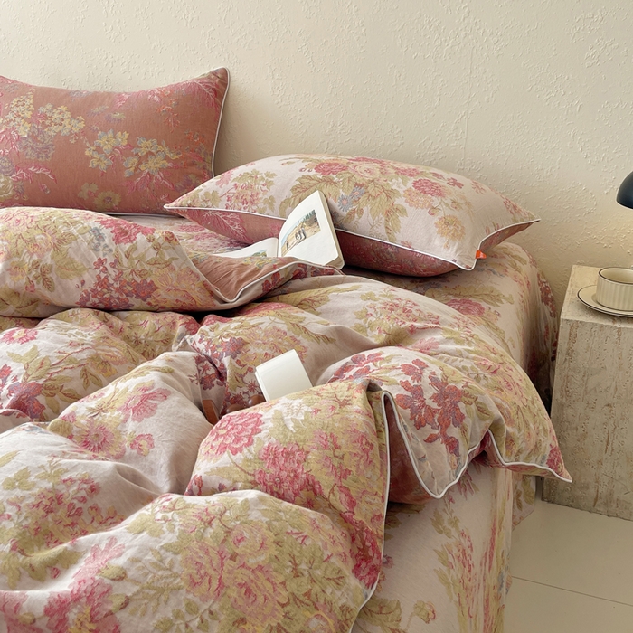 91家纺网 家纺一手货源 找家纺 春皖家纺 2026新款提花双层纱纯棉全棉四件套 霞沫