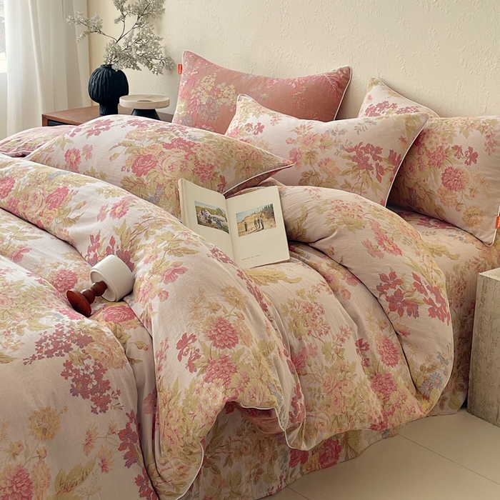 91家纺网 家纺一手货源 找家纺 春皖家纺 2026新款提花双层纱纯棉全棉四件套 霞沫