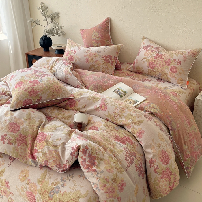 91家纺网 家纺一手货源 找家纺 春皖家纺 2026新款提花双层纱纯棉全棉四件套 霞沫