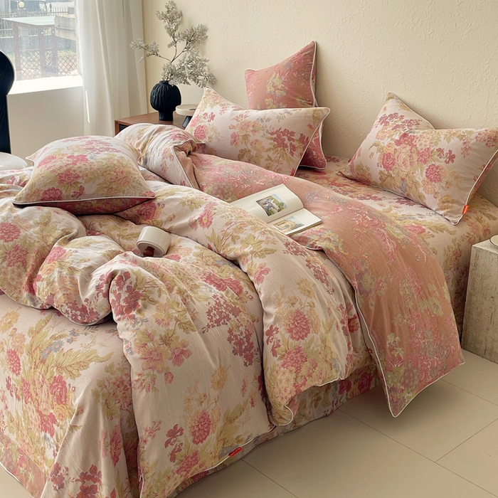 91家纺网 家纺一手货源 找家纺 春皖家纺 2026新款提花双层纱纯棉全棉四件套 霞沫