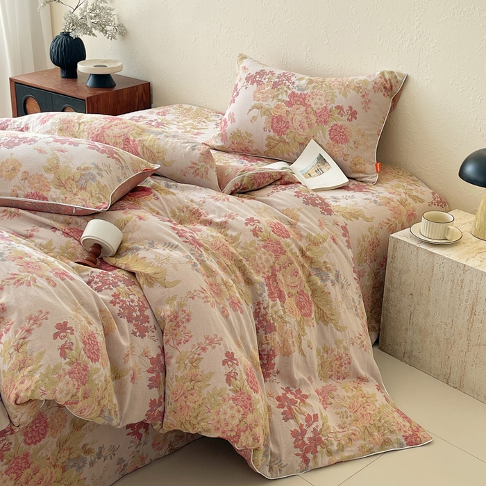 91家纺网 家纺一手货源 找家纺 春皖家纺 2026新款提花双层纱纯棉全棉四件套 霞沫