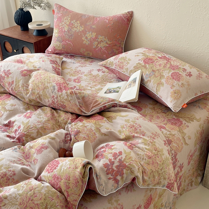 91家纺网 家纺一手货源 找家纺 春皖家纺 2026新款提花双层纱纯棉全棉四件套 霞沫