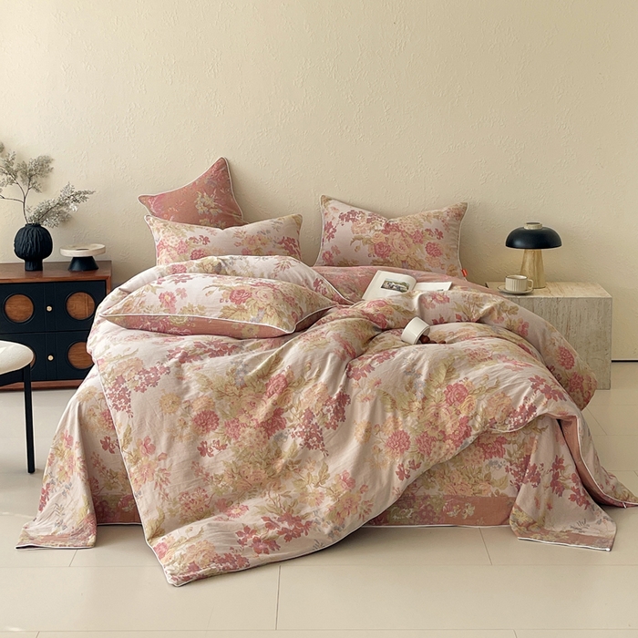 91家纺网 家纺一手货源 找家纺 春皖家纺 2026新款提花双层纱纯棉全棉四件套 霞沫