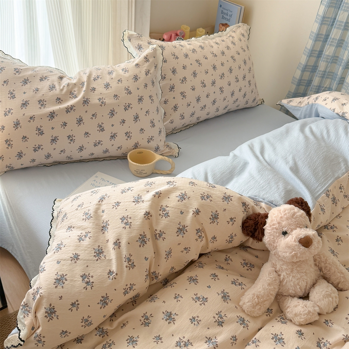 91家纺网 家纺一手货源 找家纺 温眠家纺 2026新款针织提花双层纱全棉蕾丝花边四件套 墨蓝