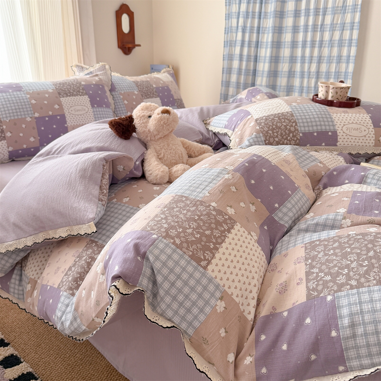 91家纺网 家纺一手货源 找家纺 温眠家纺 2026新款针织提花双层纱全棉蕾丝花边四件套 花田紫