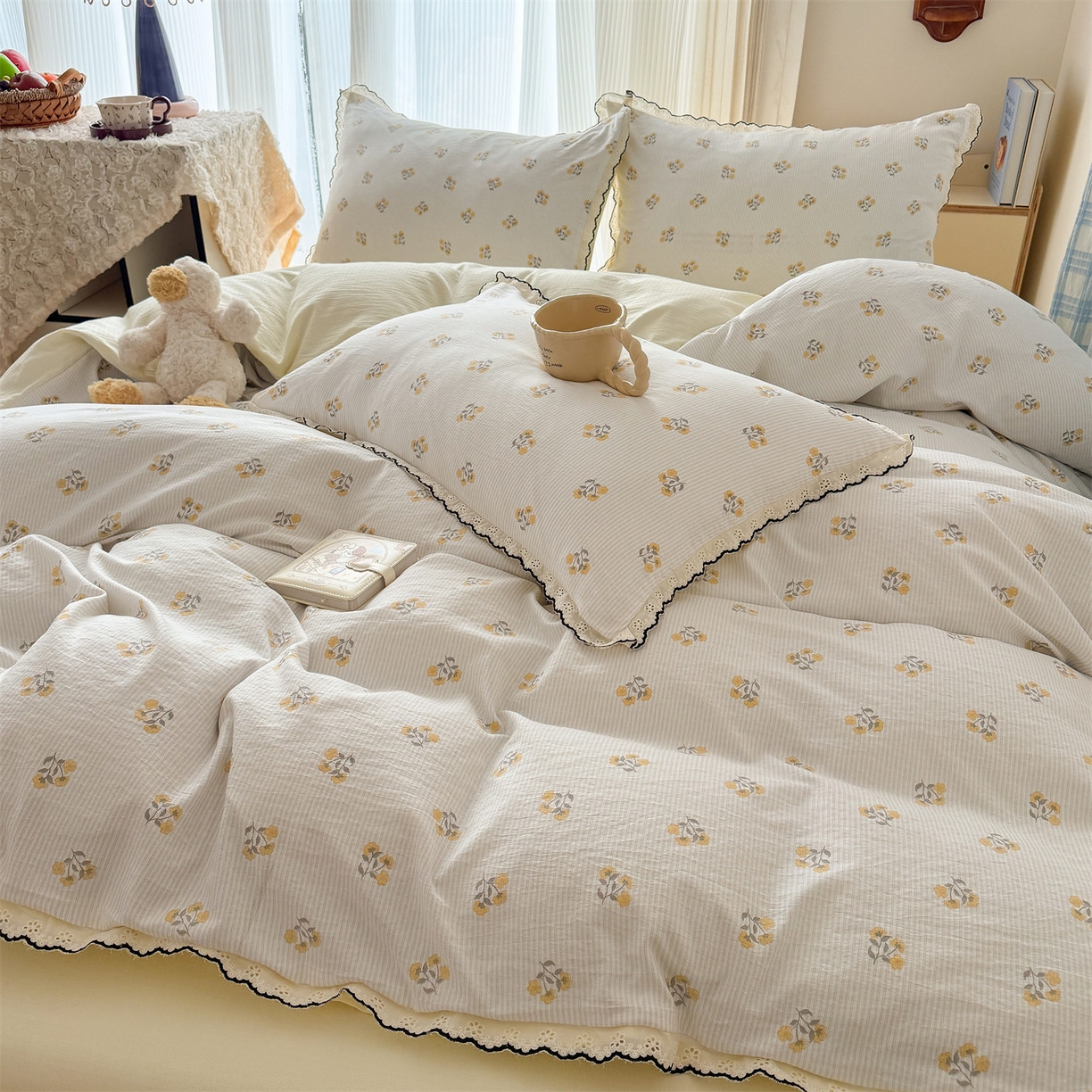 91家纺网 家纺一手货源 找家纺 温眠家纺 2026新款针织提花双层纱全棉蕾丝花边四件套 秋之恋