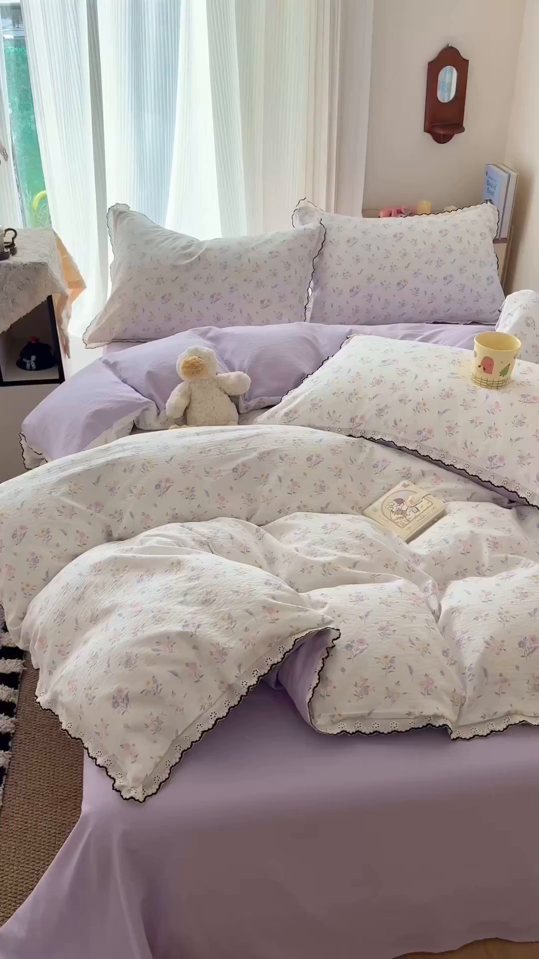 91家纺网 家纺一手货源 找家纺 温眠家纺 2026新款针织提花双层纱全棉蕾丝花边四件套 薰衣草