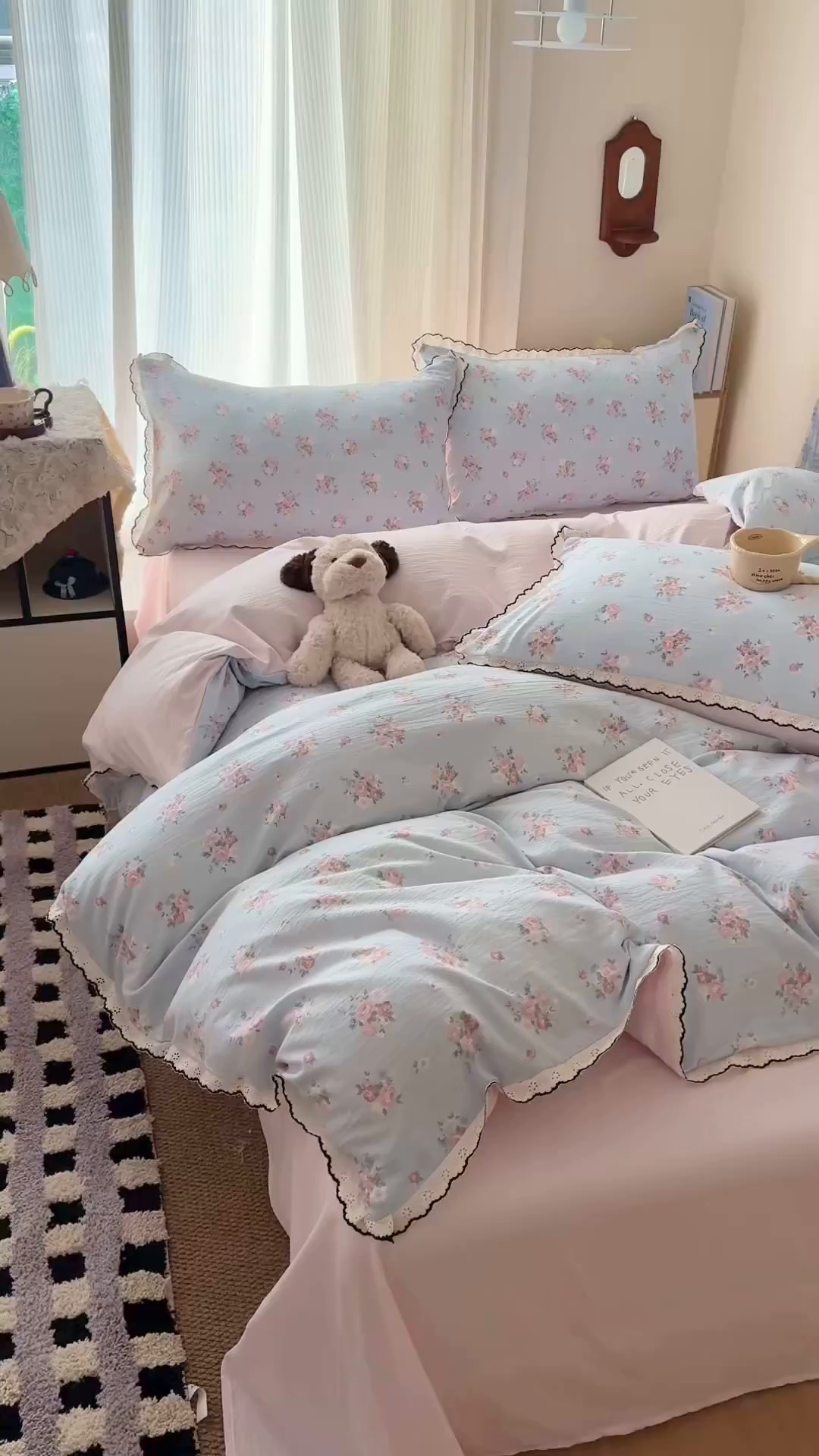 91家纺网 家纺一手货源 找家纺 温眠家纺 2026新款针织提花双层纱全棉蕾丝花边四件套 蓝萱