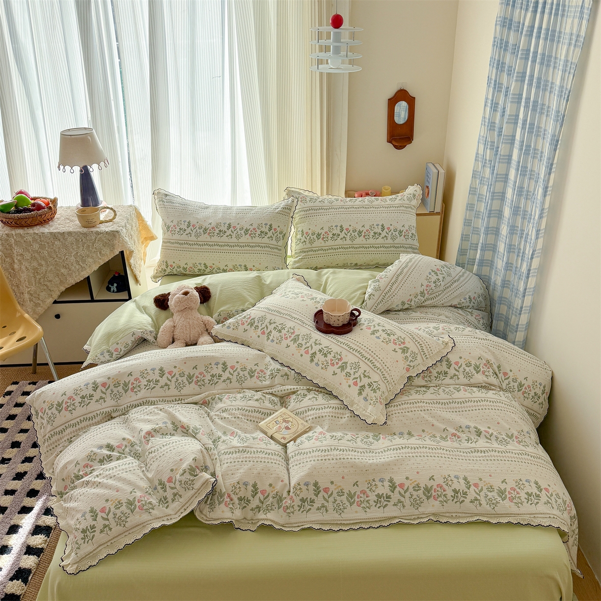 91家纺网 家纺一手货源 找家纺 温眠家纺 2026新款针织提花双层纱全棉蕾丝花边四件套 藤蔓