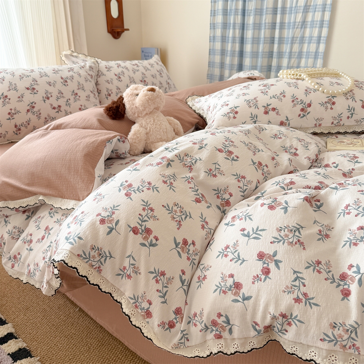 91家纺网 家纺一手货源 找家纺 温眠家纺 2026新款针织提花双层纱全棉蕾丝花边四件套 繁花