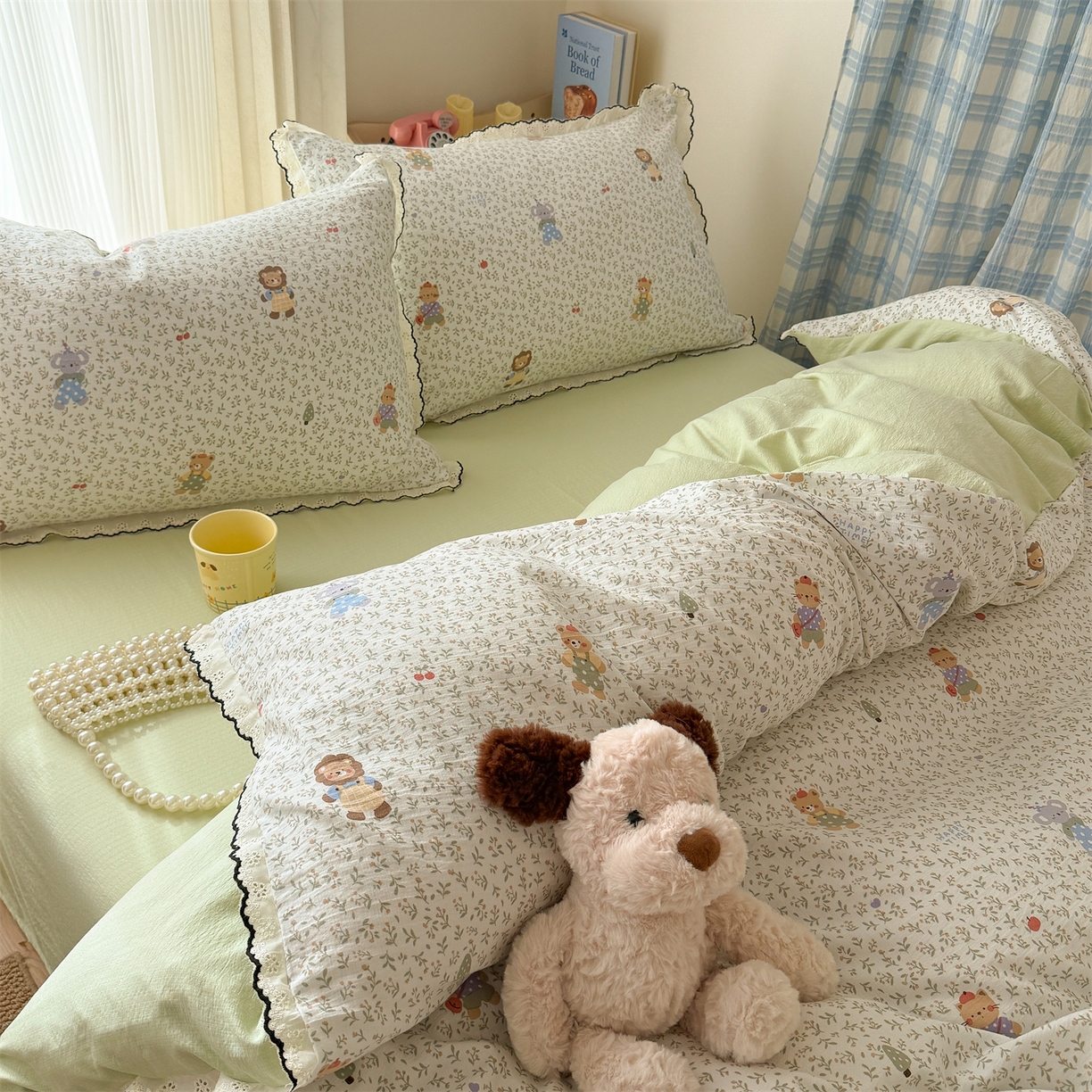 91家纺网 家纺一手货源 找家纺 温眠家纺 2026新款针织提花双层纱全棉蕾丝花边四件套 软萌可可