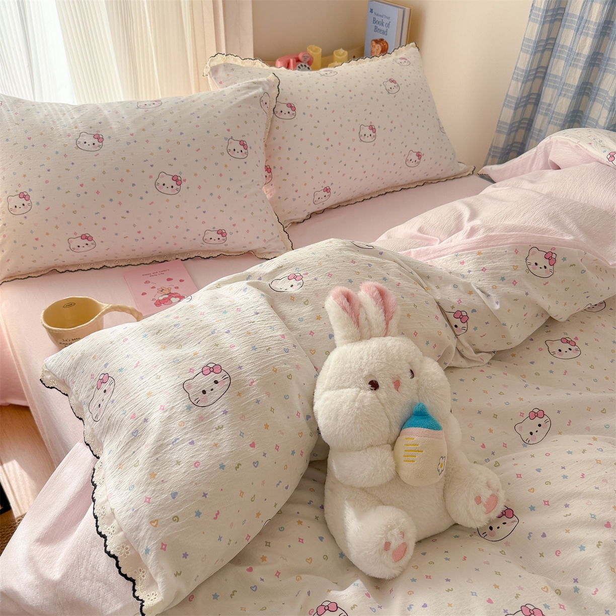 91家纺网 家纺一手货源 找家纺 温眠家纺 2026新款针织提花双层纱全棉蕾丝花边四件套 甜心猫咪