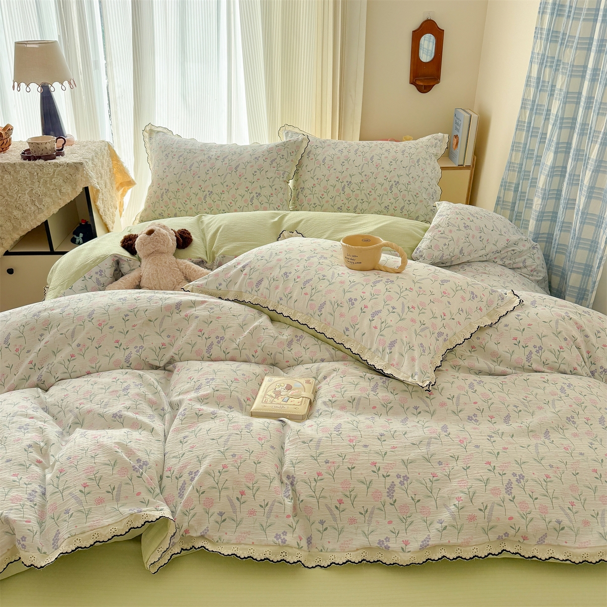 91家纺网 家纺一手货源 找家纺 温眠家纺 2026新款针织提花双层纱全棉蕾丝花边四件套 枝芽