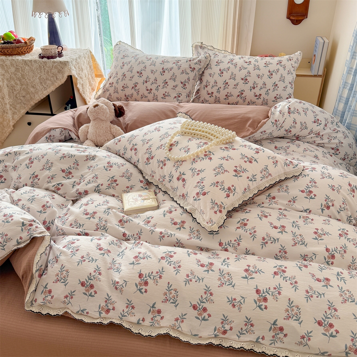 91家纺网 家纺一手货源 找家纺 （总）温眠家纺 2026新款针织提花双层纱全棉蕾丝花边四件套