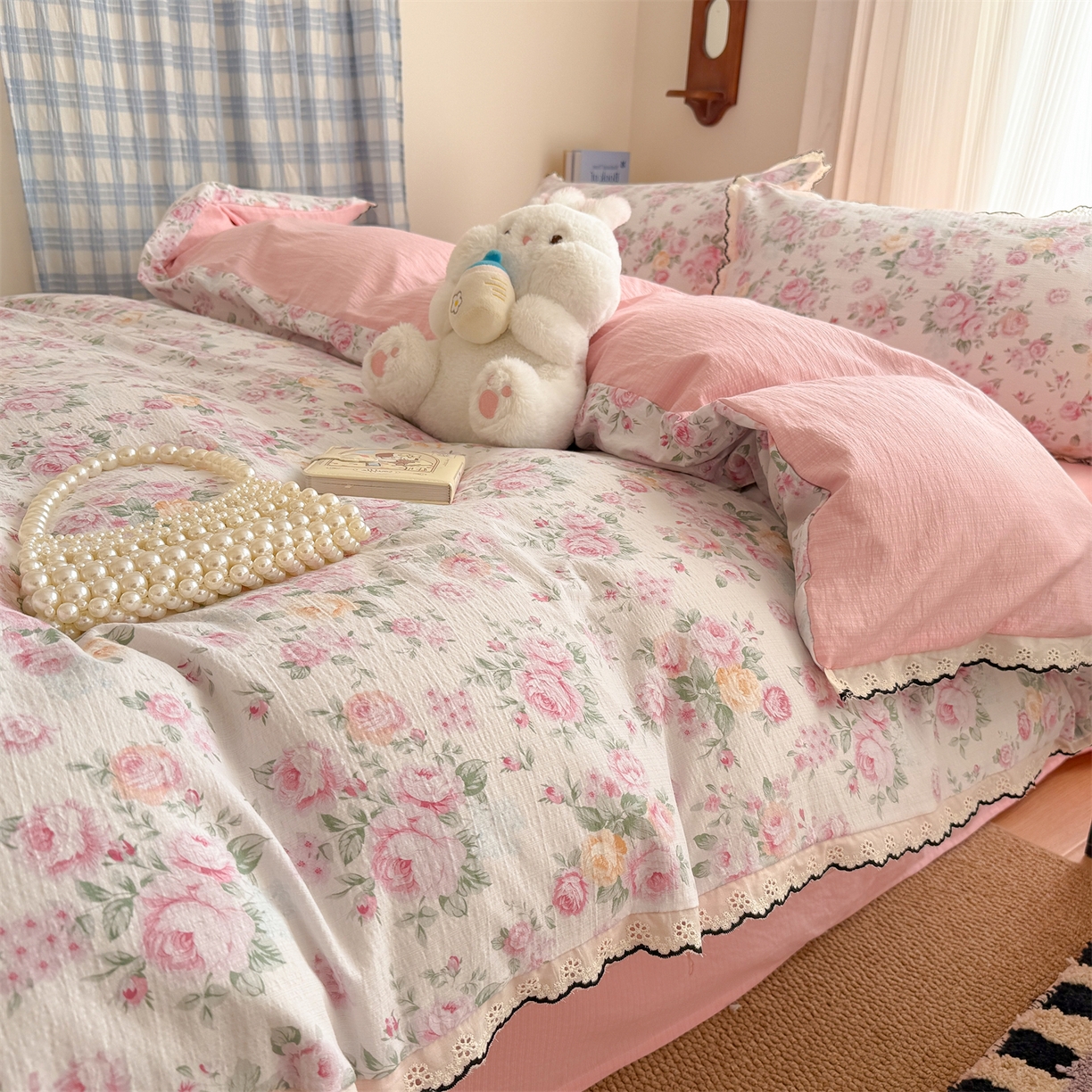 温眠家纺 2026新款针织提花双层纱全棉蕾丝花边四件套 阳光花絮