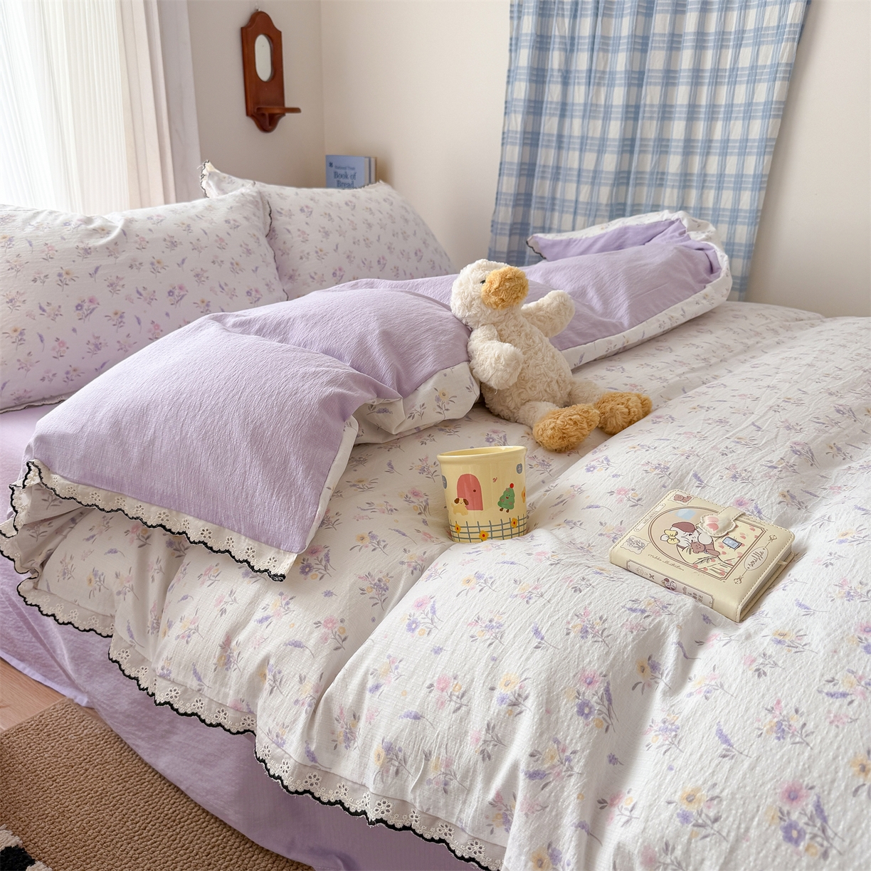 91家纺网 家纺一手货源 找家纺 温眠家纺 2026新款针织提花双层纱全棉蕾丝花边四件套 薰衣草