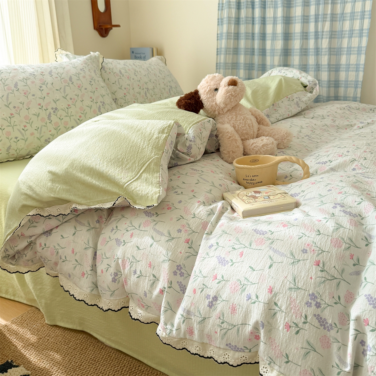 91家纺网 家纺一手货源 找家纺 温眠家纺 2026新款针织提花双层纱全棉蕾丝花边四件套 枝芽