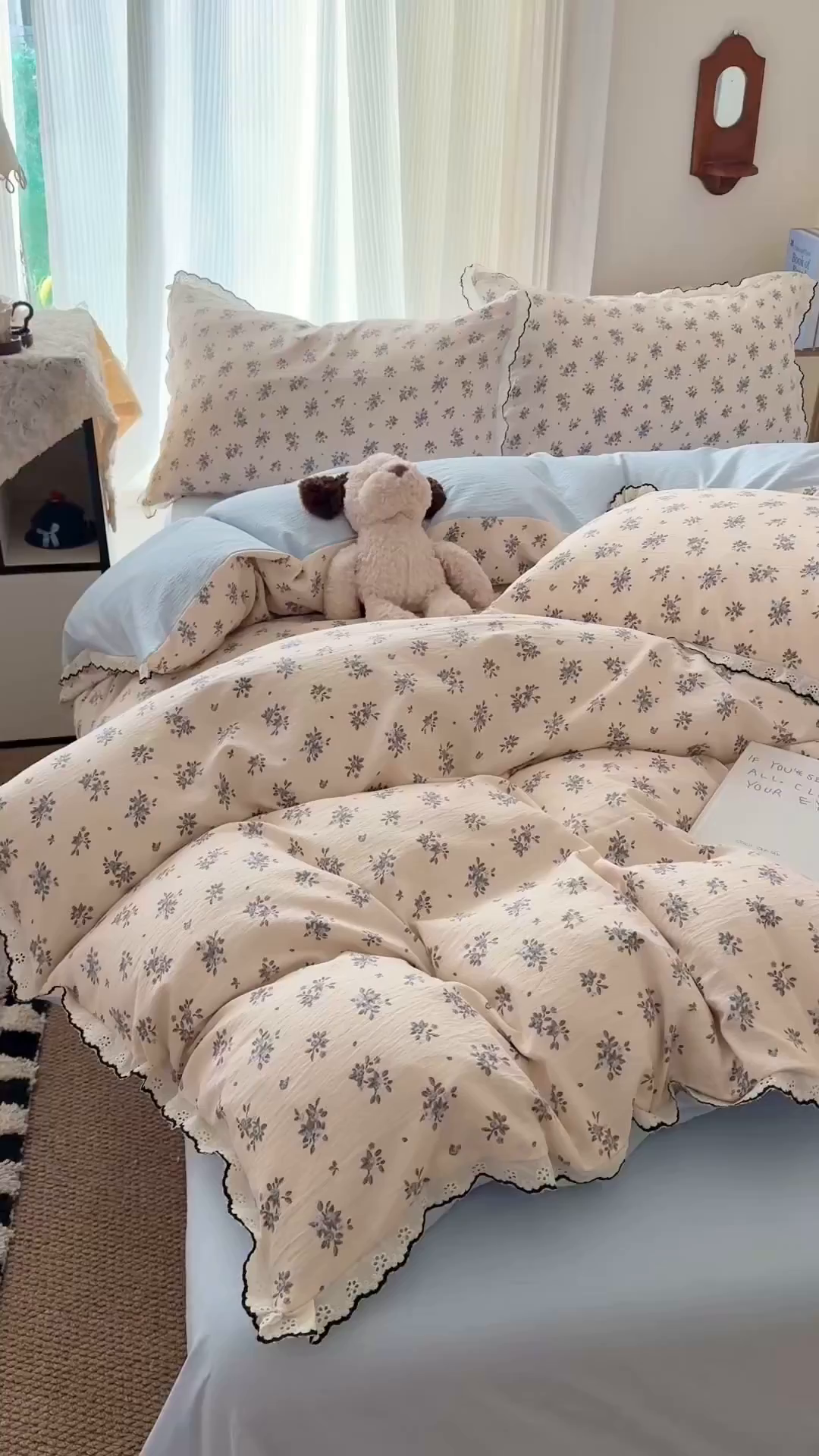 91家纺网 家纺一手货源 找家纺 温眠家纺 2026新款针织提花双层纱全棉蕾丝花边四件套 墨蓝