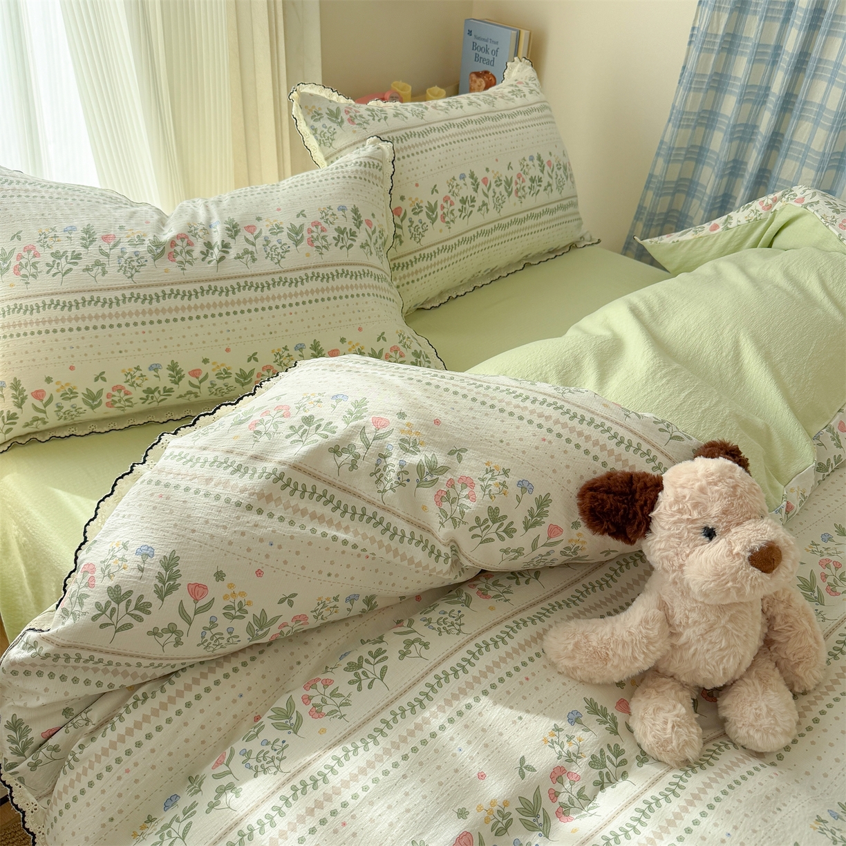 91家纺网 家纺一手货源 找家纺 温眠家纺 2026新款针织提花双层纱全棉蕾丝花边四件套 藤蔓