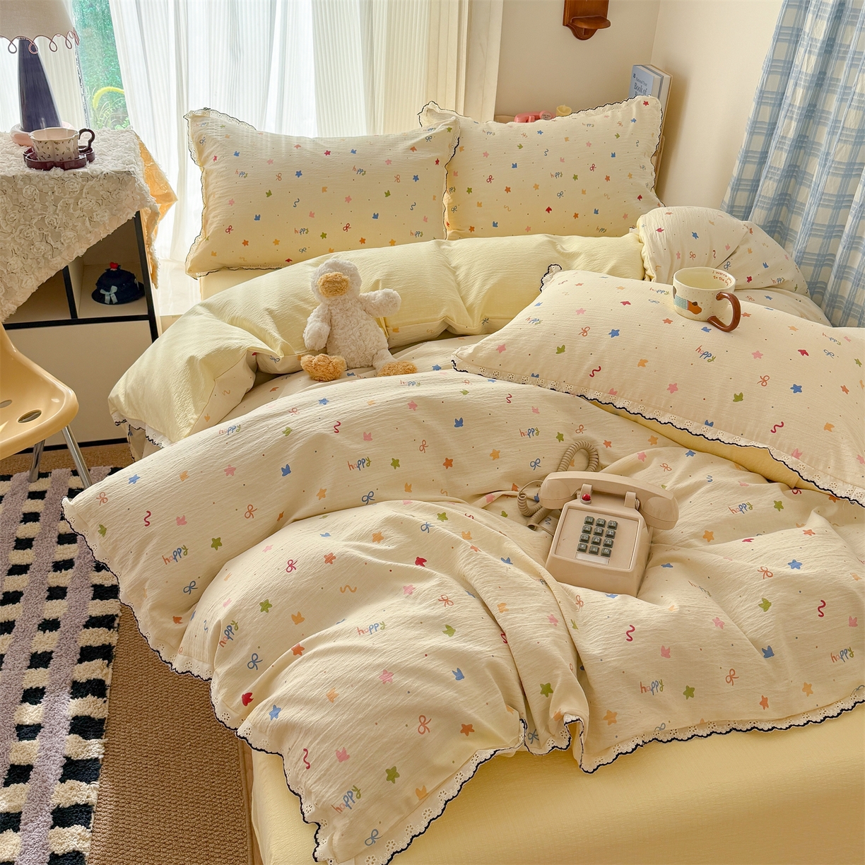 91家纺网 家纺一手货源 找家纺 温眠家纺 2026新款针织提花双层纱全棉蕾丝花边四件套 奶油芝士