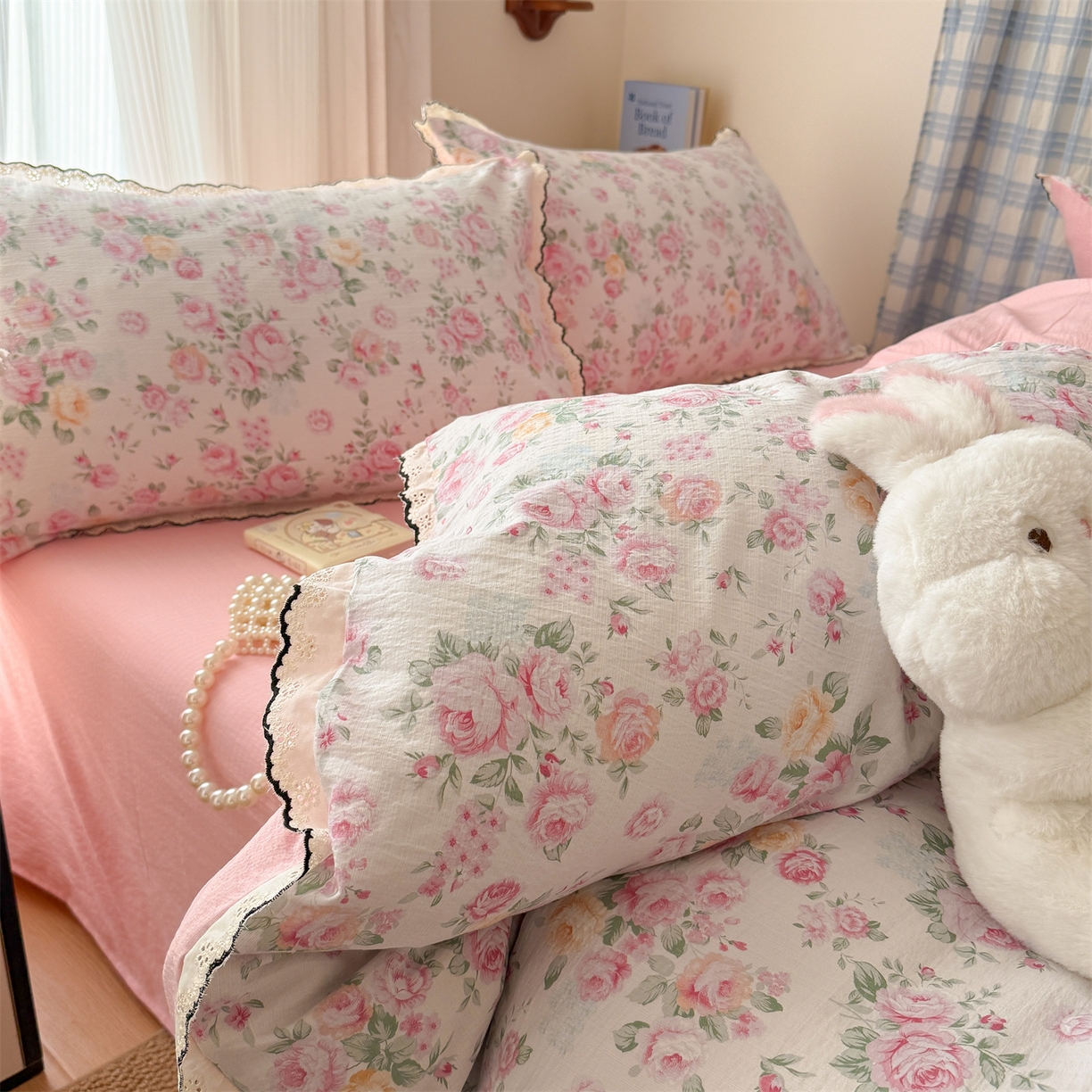 91家纺网 家纺一手货源 找家纺 温眠家纺 2026新款针织提花双层纱全棉蕾丝花边四件套 阳光花絮