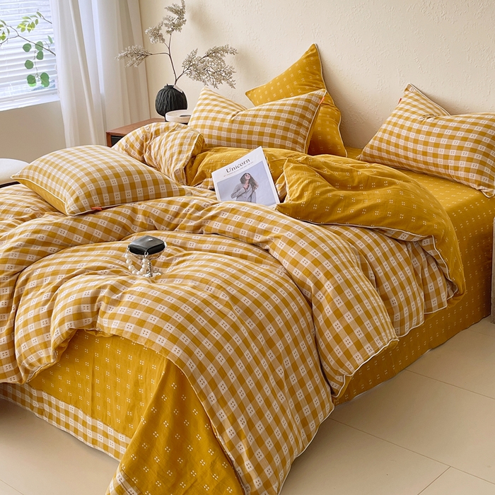 91家纺网 家纺一手货源 找家纺 春皖家纺 2026新款提花双层纱纯棉全棉四件套 思柔-黄杏