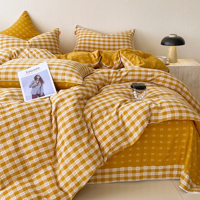 91家纺网 家纺一手货源 找家纺 春皖家纺 2026新款提花双层纱纯棉全棉四件套 思柔-黄杏