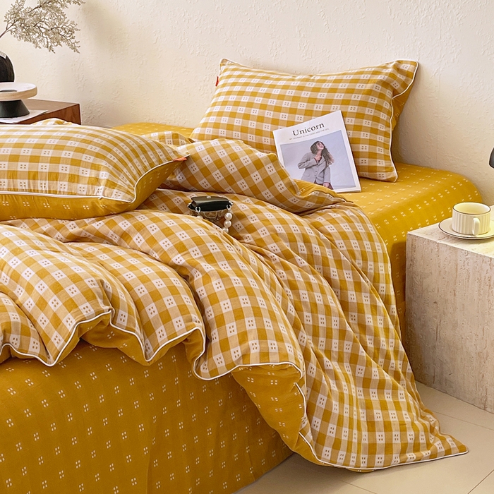 91家纺网 家纺一手货源 找家纺 春皖家纺 2026新款提花双层纱纯棉全棉四件套 思柔-黄杏