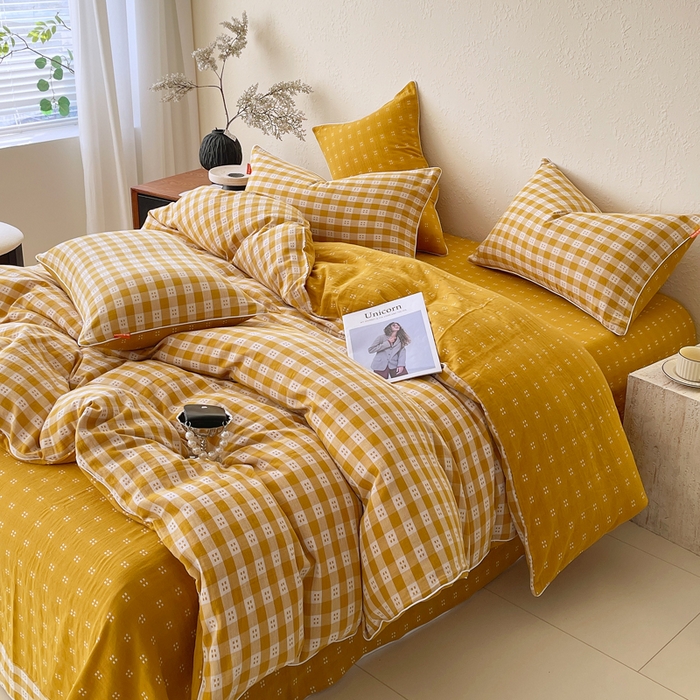 91家纺网 家纺一手货源 找家纺 春皖家纺 2026新款提花双层纱纯棉全棉四件套 思柔-黄杏