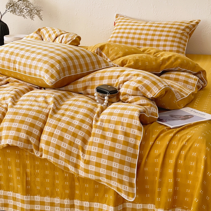 91家纺网 家纺一手货源 找家纺 春皖家纺 2026新款提花双层纱纯棉全棉四件套 思柔-黄杏