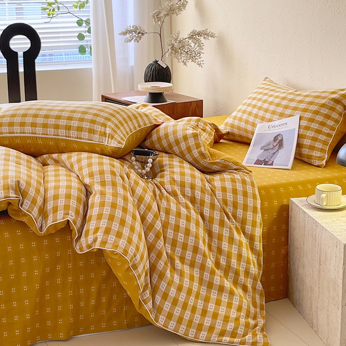 91家纺网 家纺一手货源 找家纺 春皖家纺 2026新款提花双层纱纯棉全棉四件套 思柔-黄杏