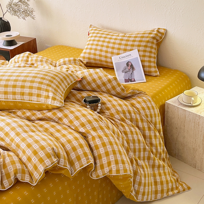 91家纺网 家纺一手货源 找家纺 春皖家纺 2026新款提花双层纱纯棉全棉四件套 思柔-黄杏