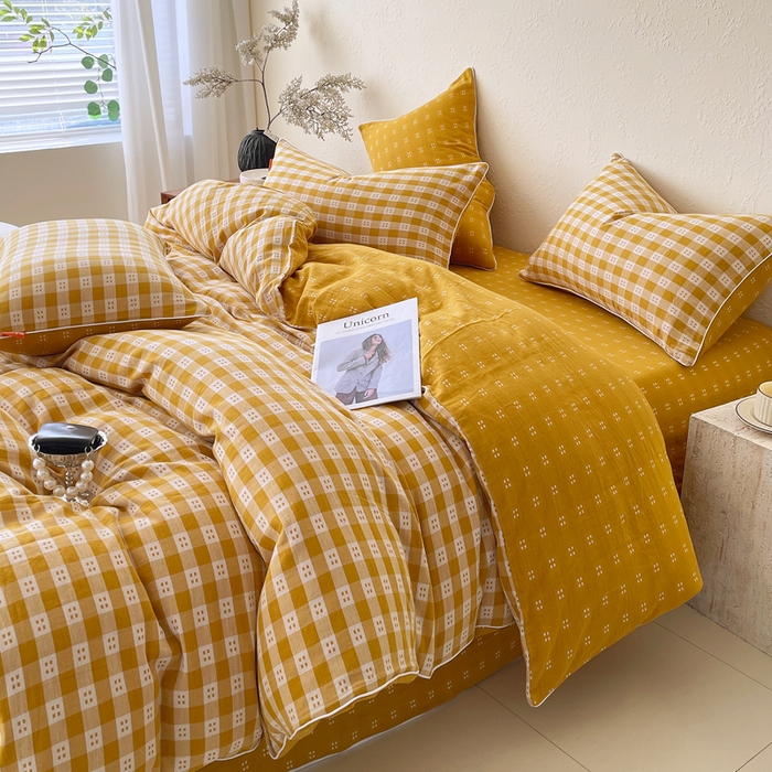 91家纺网 家纺一手货源 找家纺 春皖家纺 2026新款提花双层纱纯棉全棉四件套 思柔-黄杏