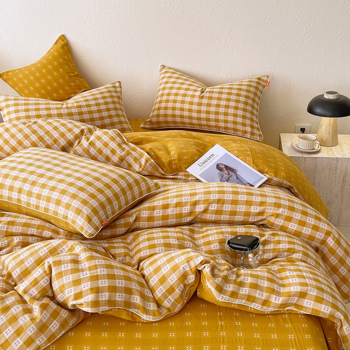 91家纺网 家纺一手货源 找家纺 春皖家纺 2026新款提花双层纱纯棉全棉四件套 思柔-黄杏