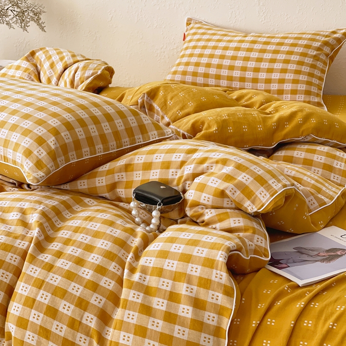 91家纺网 家纺一手货源 找家纺 春皖家纺 2026新款提花双层纱纯棉全棉四件套 思柔-黄杏