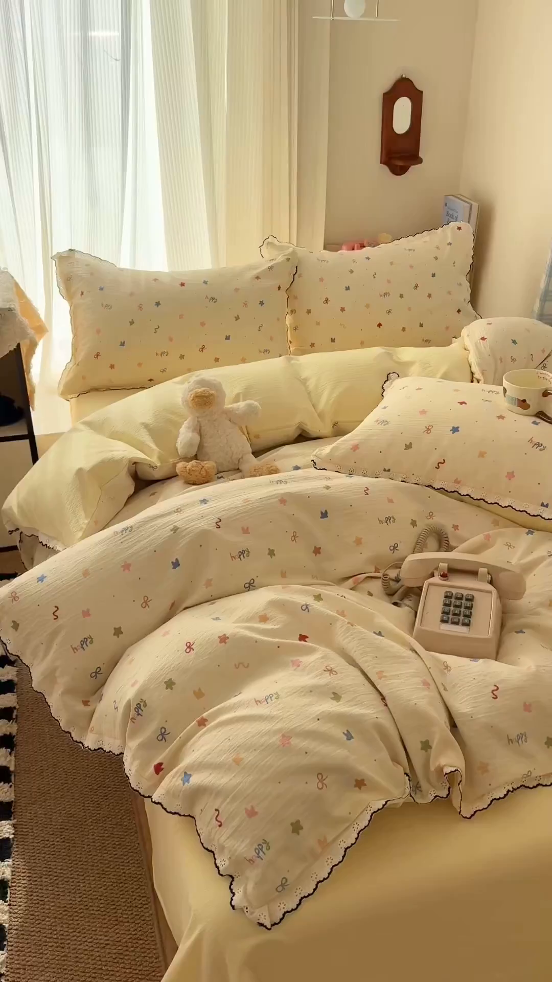 91家纺网 家纺一手货源 找家纺 温眠家纺 2026新款针织提花双层纱全棉蕾丝花边四件套 奶油芝士