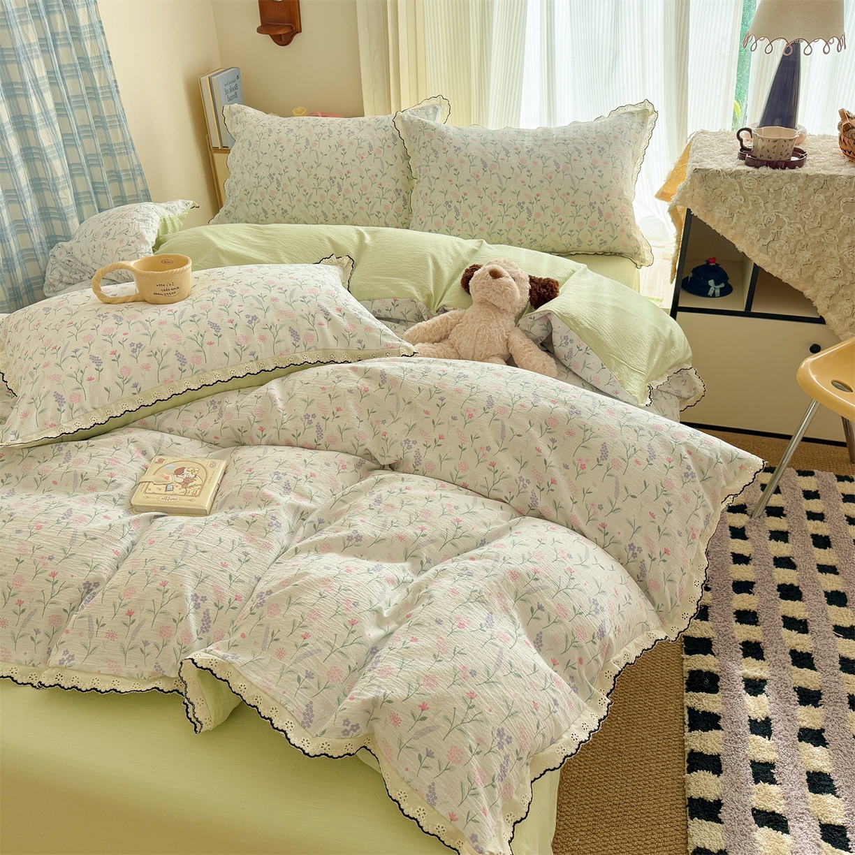 91家纺网 家纺一手货源 找家纺 （总）温眠家纺 2026新款针织提花双层纱全棉蕾丝花边四件套