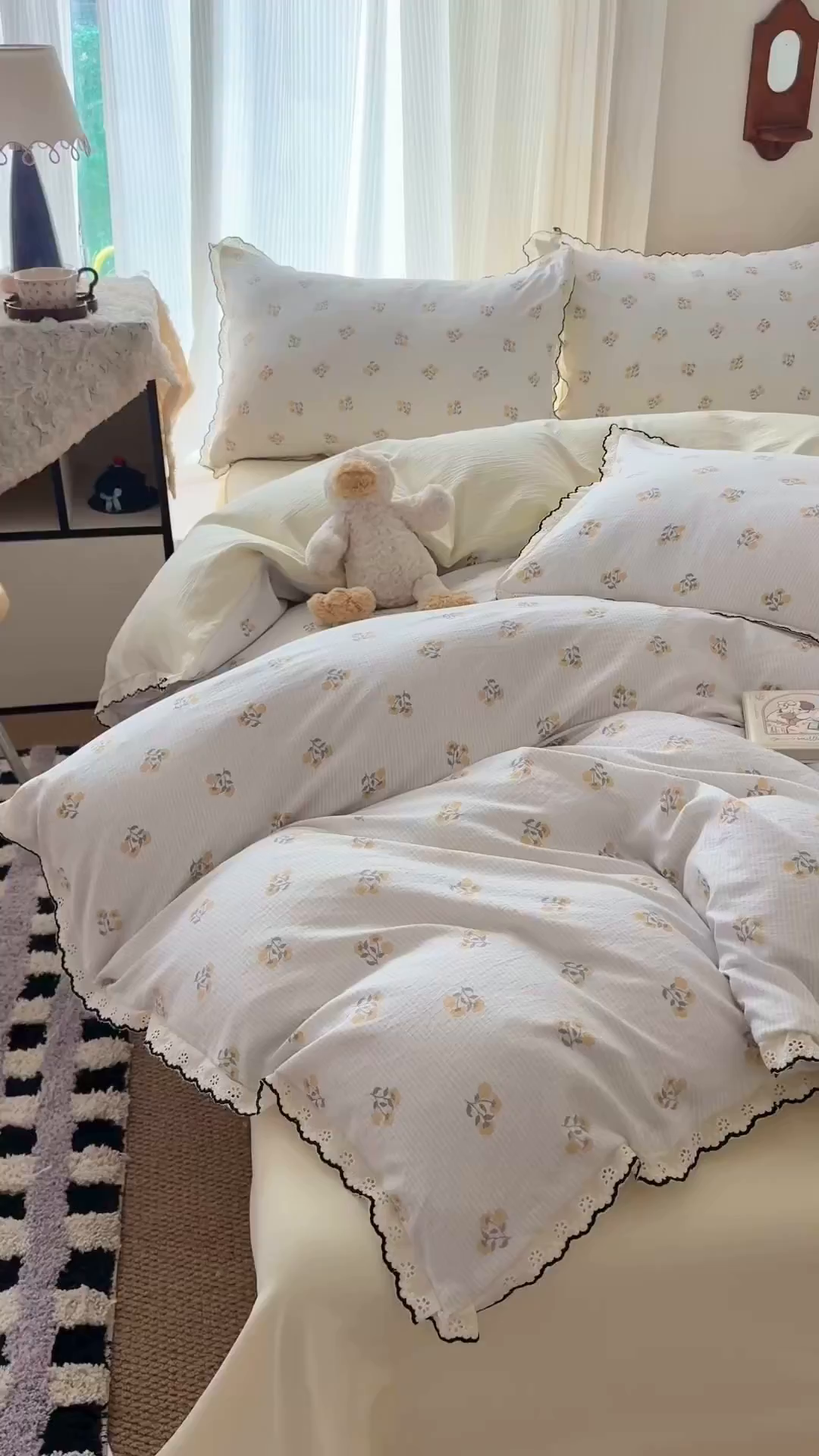 91家纺网 家纺一手货源 找家纺 温眠家纺 2026新款针织提花双层纱全棉蕾丝花边四件套 秋之恋