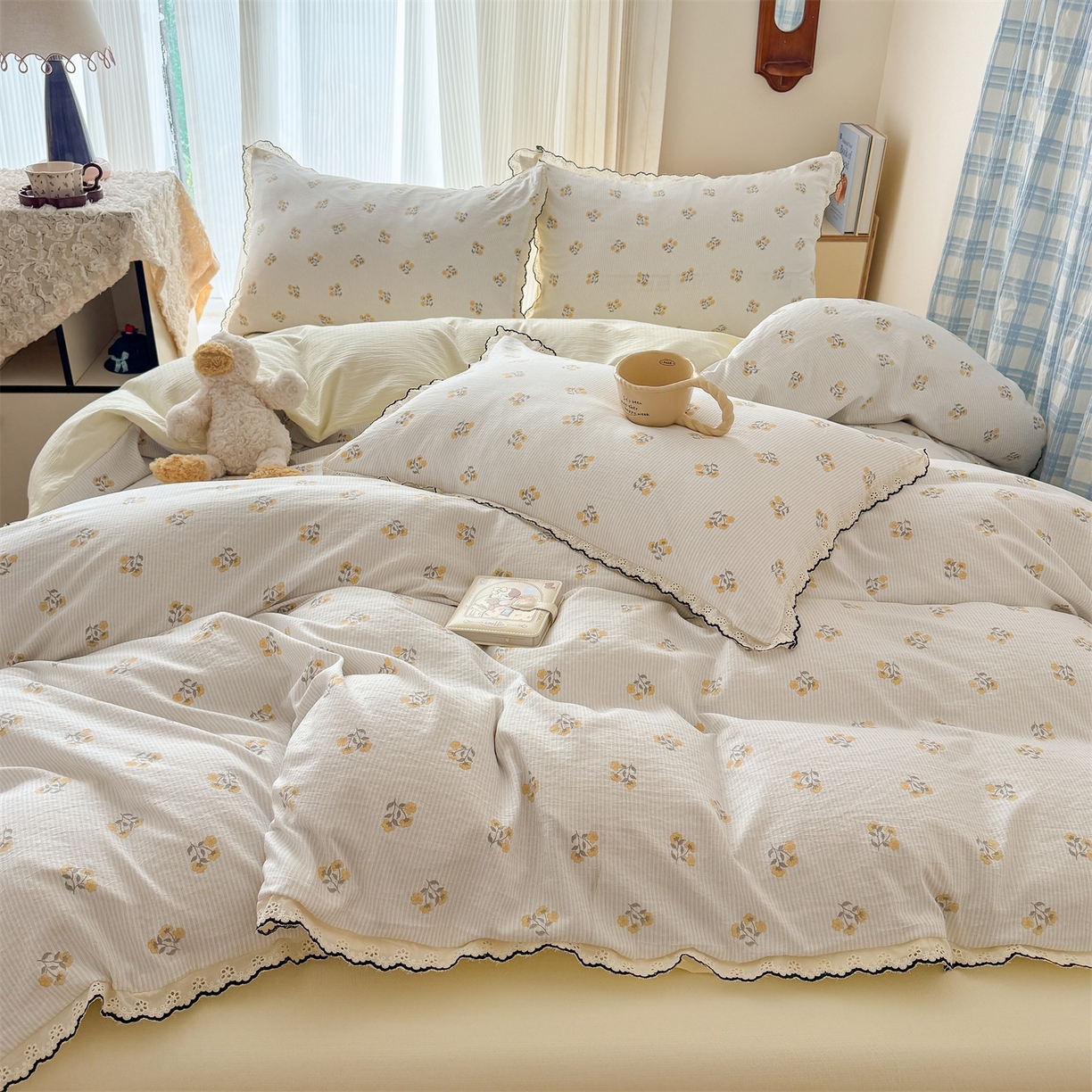 91家纺网 家纺一手货源 找家纺 温眠家纺 2026新款针织提花双层纱全棉蕾丝花边四件套 秋之恋