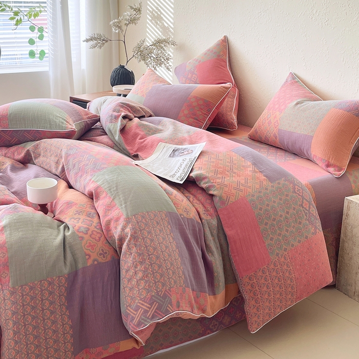 91家纺网 家纺一手货源 找家纺 春皖家纺 2026新款提花双层纱纯棉全棉四件套 思菱·粉玉