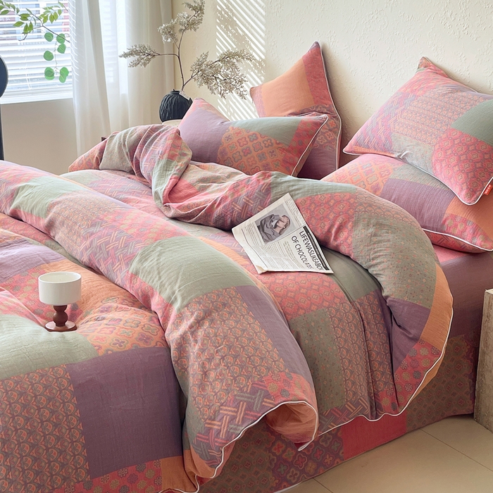 91家纺网 家纺一手货源 找家纺 春皖家纺 2026新款提花双层纱纯棉全棉四件套 思菱·粉玉