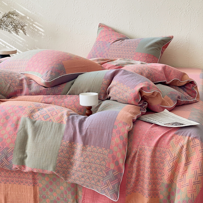 91家纺网 家纺一手货源 找家纺 春皖家纺 2026新款提花双层纱纯棉全棉四件套 思菱·粉玉