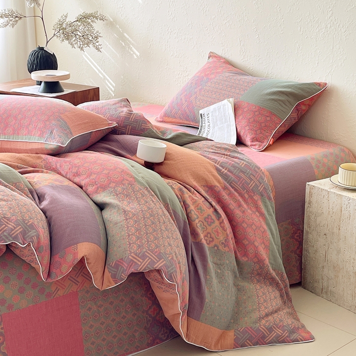 91家纺网 家纺一手货源 找家纺 春皖家纺 2026新款提花双层纱纯棉全棉四件套 思菱·粉玉